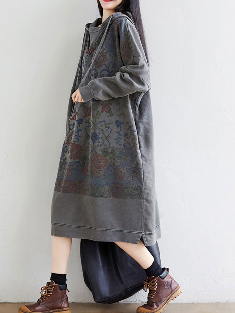 Hooded Floral Print Long Sleeve Loose Midi Dress 11