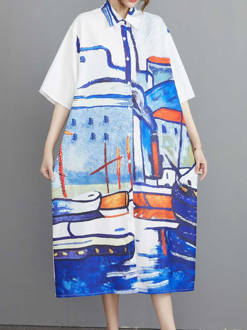 Collared Short Sleeve Abstract Art Print Midi Shirt Dress