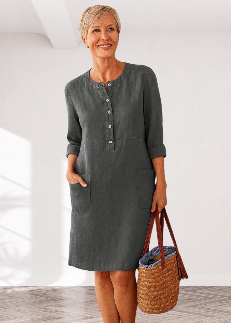 Henley Neck Roll Sleeve Patch Pocket Linen Shift Midi Dress 7