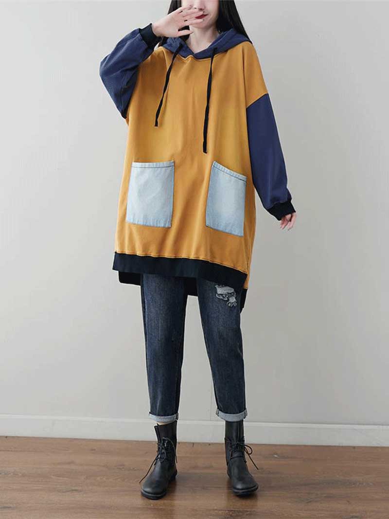 Hooded Color Block Patch Pocket Drawstring Oversized Hoodie 8