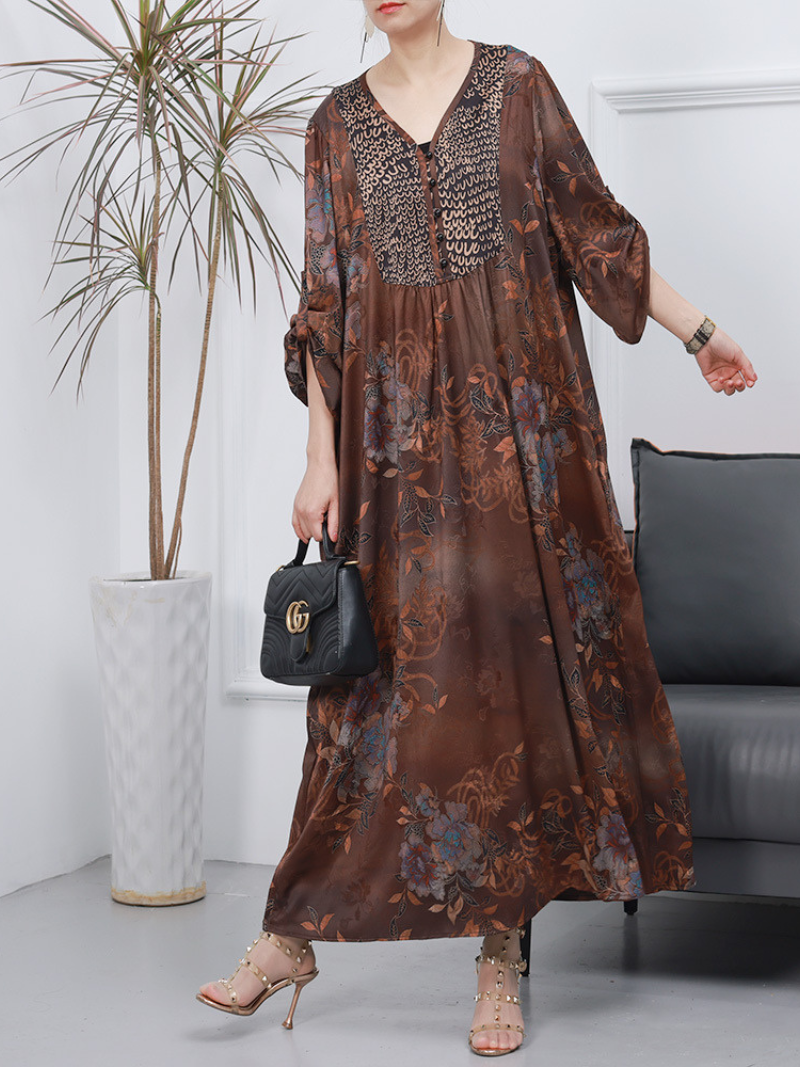 V-Neck Long Sleeve Floral Print Pleated Yoke Kaftan Maxi Dress