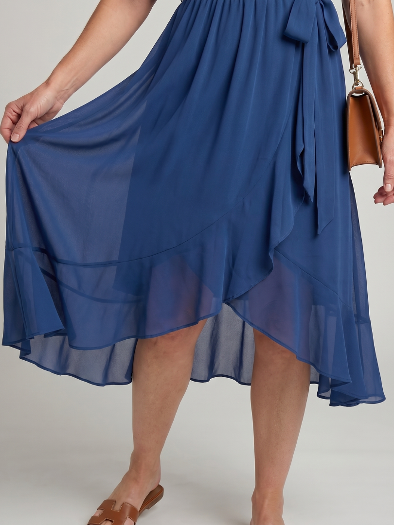 V-Neck Wrap Flutter Sleeve Chiffon Tie Waist Ruffle Hem Midi Dress 7