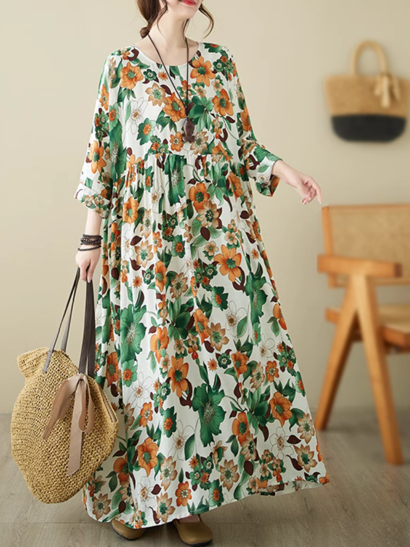 Round Neck Floral Print Long Sleeve Loose Smock Maxi Dress