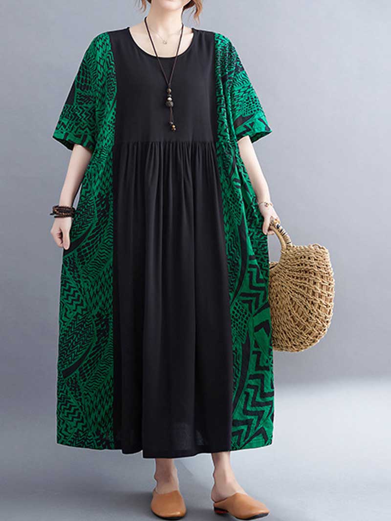 Round Neck Short Sleeve Geometric Print Loose Smock Maxi Dress