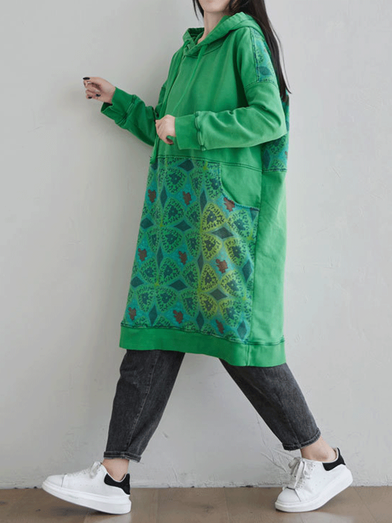 Hooded Drawstring Printed Pocket Sweatshirt Midi Dress 9