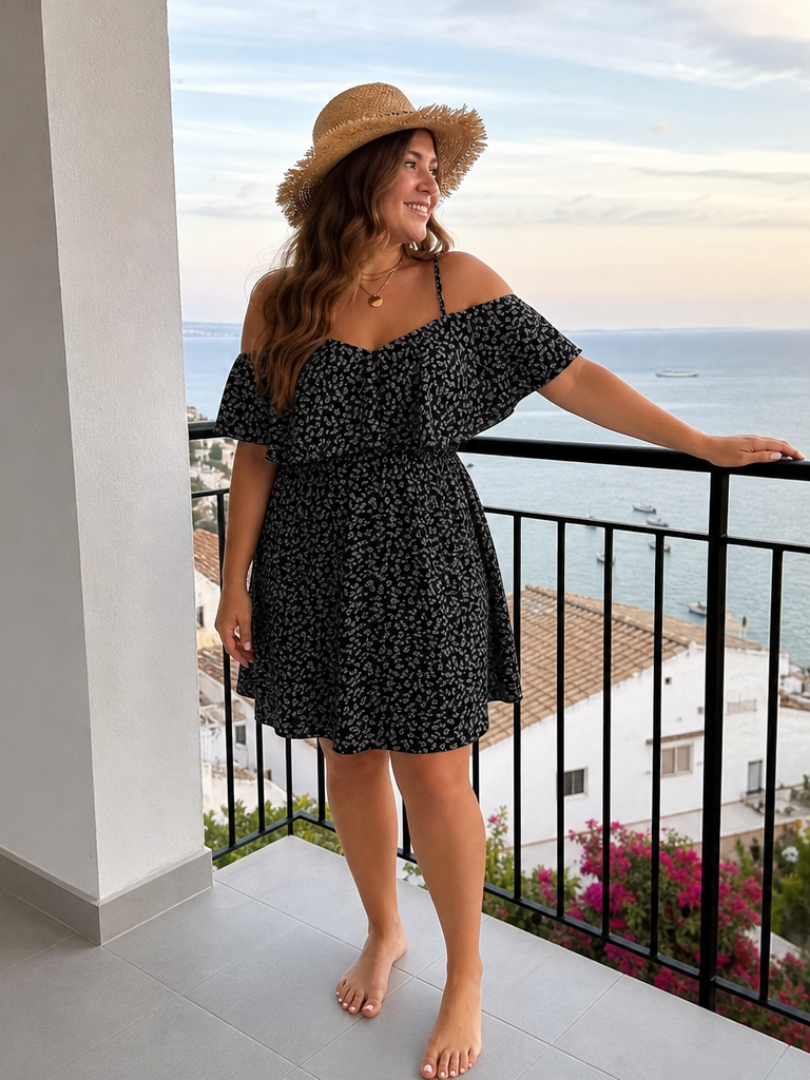 Floral Cold Shoulder Ruffle Overlay Ditsy Floral A-Line Mini Dress 8