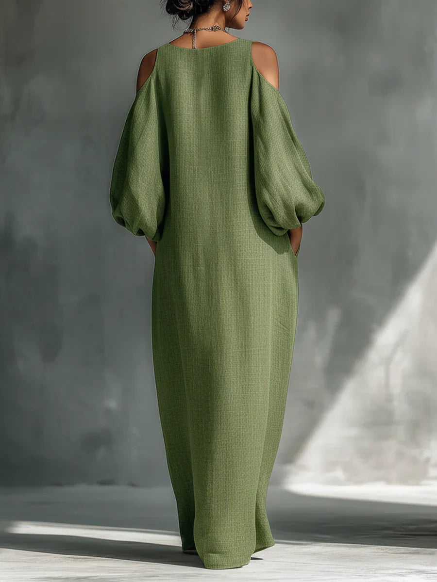 Turquoise Round Neck Cold Shoulder Long Sleeve Linen Oversized Maxi Dress