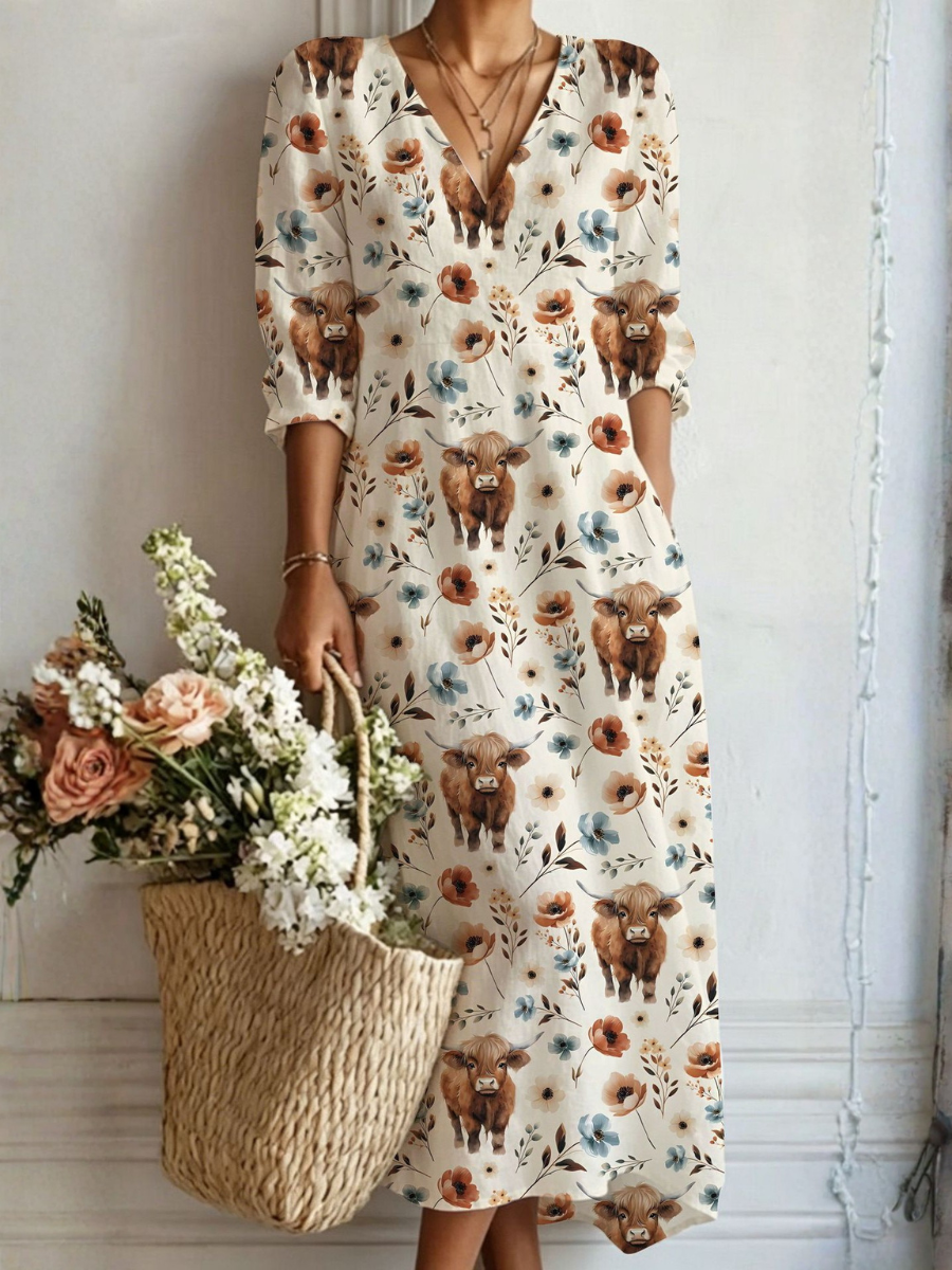 Multicolor V-Neck Highland Cow Floral Print Long Sleeve Shift Midi Dress