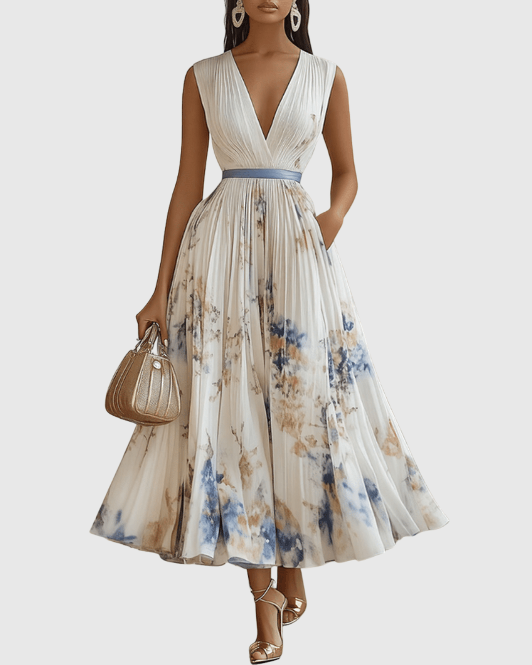 V-Neck Floral Print Sleeveless Pleated A-Line Maxi Dress