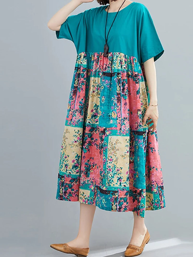 Round Neck Short Sleeve Floral Patchwork Print Smock Midi Dress 5