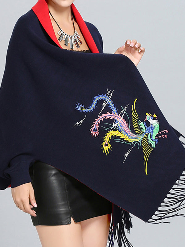 Open Front Phoenix Embroidery Fringe Hem Batwing Cape Cardigan 7