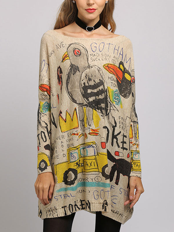 Boat Neck Long Sleeve Graffiti Print Oversized Knit Sweater 3
