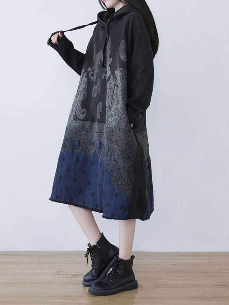 Hooded Long Sleeve Paisley Polka Dot Print Loose Denim Midi Dress 5