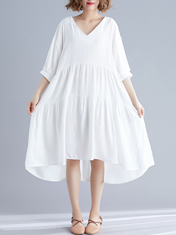 V-Neck Three-Quarter Sleeve Tiered Loose A-Line Midi Dress 13