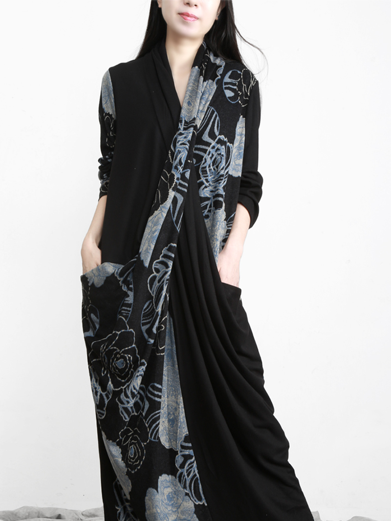 Draped Wrap Front Floral Panel Long Sleeve Loose Maxi Dress 3
