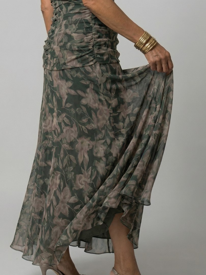 Off-Shoulder Draped Floral Chiffon Ruched A-Line Maxi Dress 6