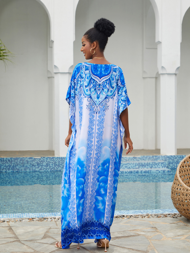 Blue V-Neck Baroque Border Print Batwing Sleeve Kaftan Maxi Dress 3