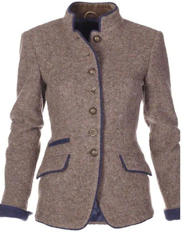 Stand Collar Button Front Tweed Fitted Jacket 3