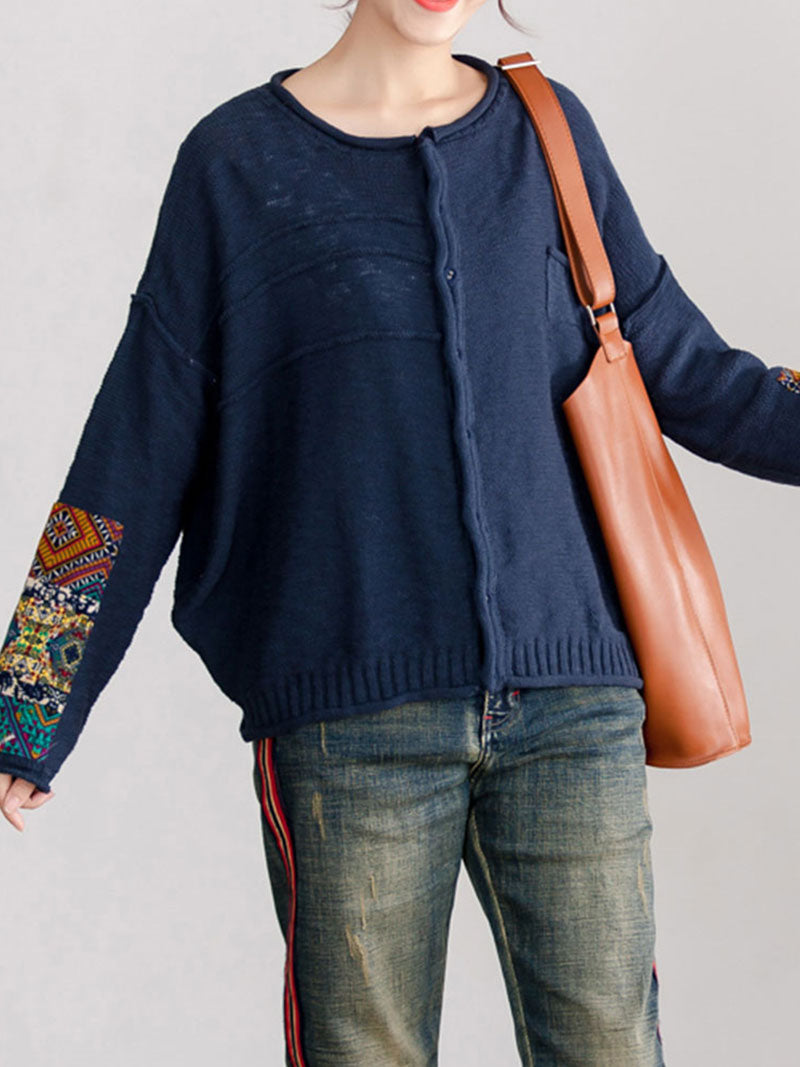 Round Neck Embroidered Sleeve Button Front Knit Cardigan