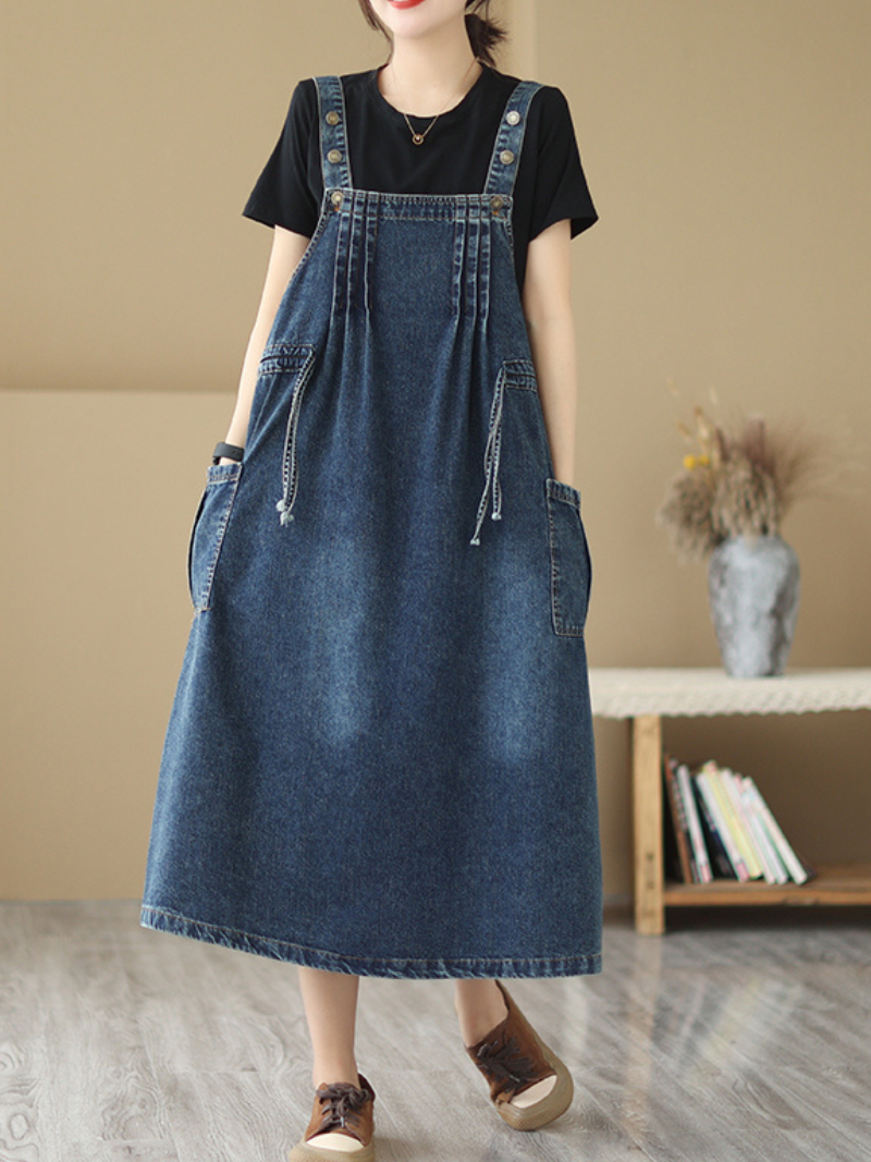 Blue Denim Button Strap Patch Pocket Loose A-Line Pinafore Maxi Dress