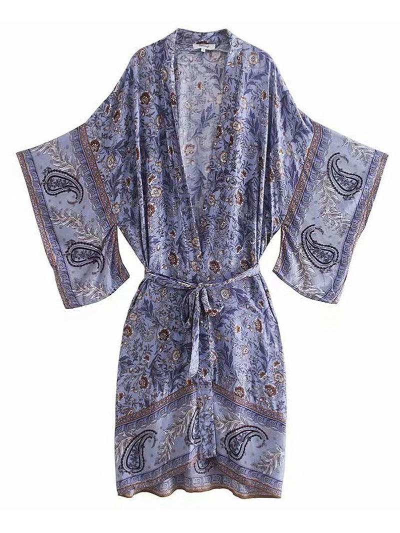 Purple Paisley Floral Print Belted Long Length Kimono Robe 4