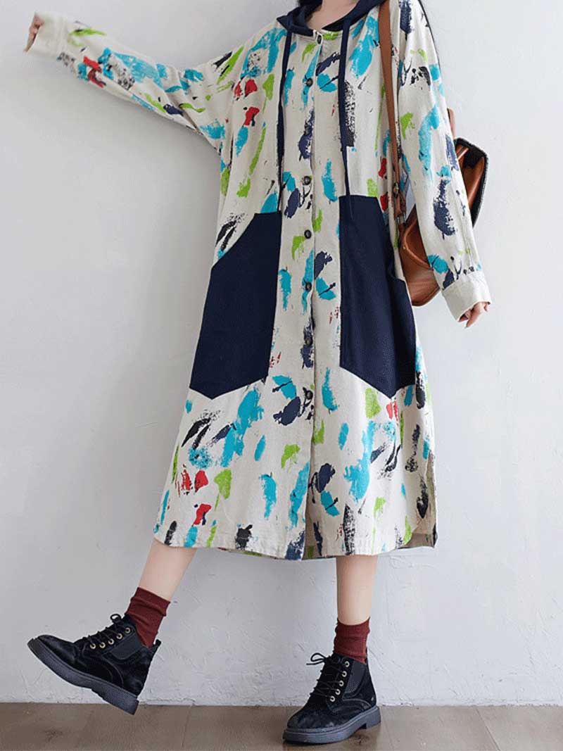 Hooded Button Front Abstract Print Patch Pocket Long Sleeve Midi Dress 8