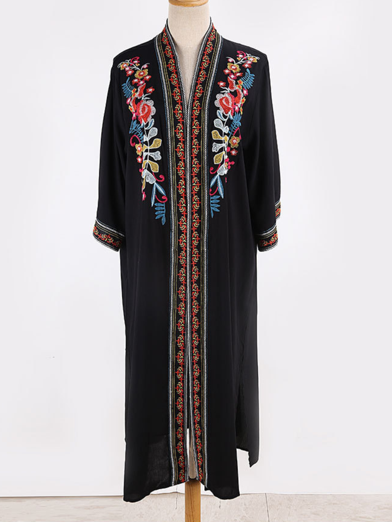 Balck Open Front Embroidered Floral Trim Long Sleeve Kimono Robe 2