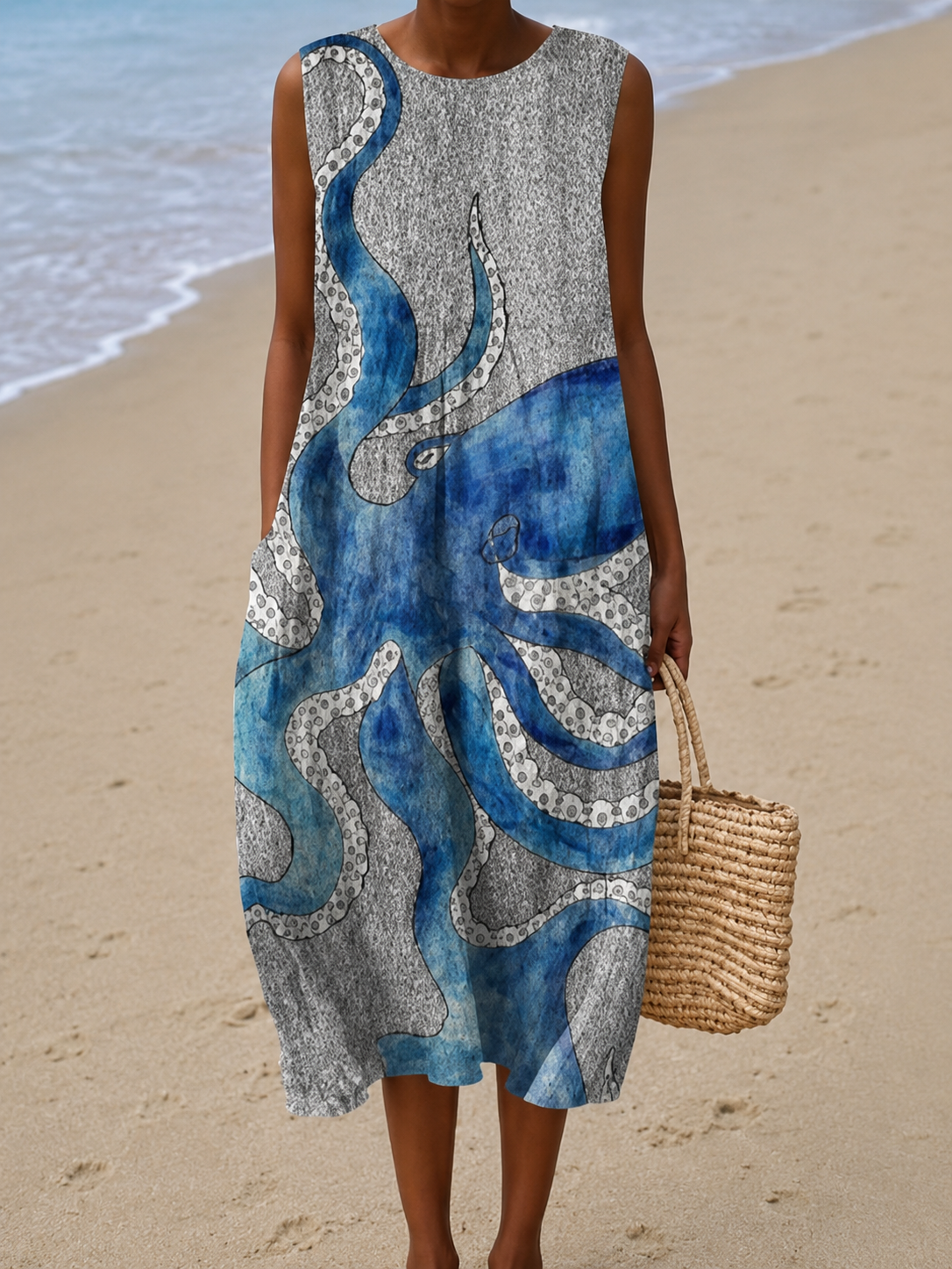 Round Neck Octopus Print Sleeveless Loose Shift Midi Dress
