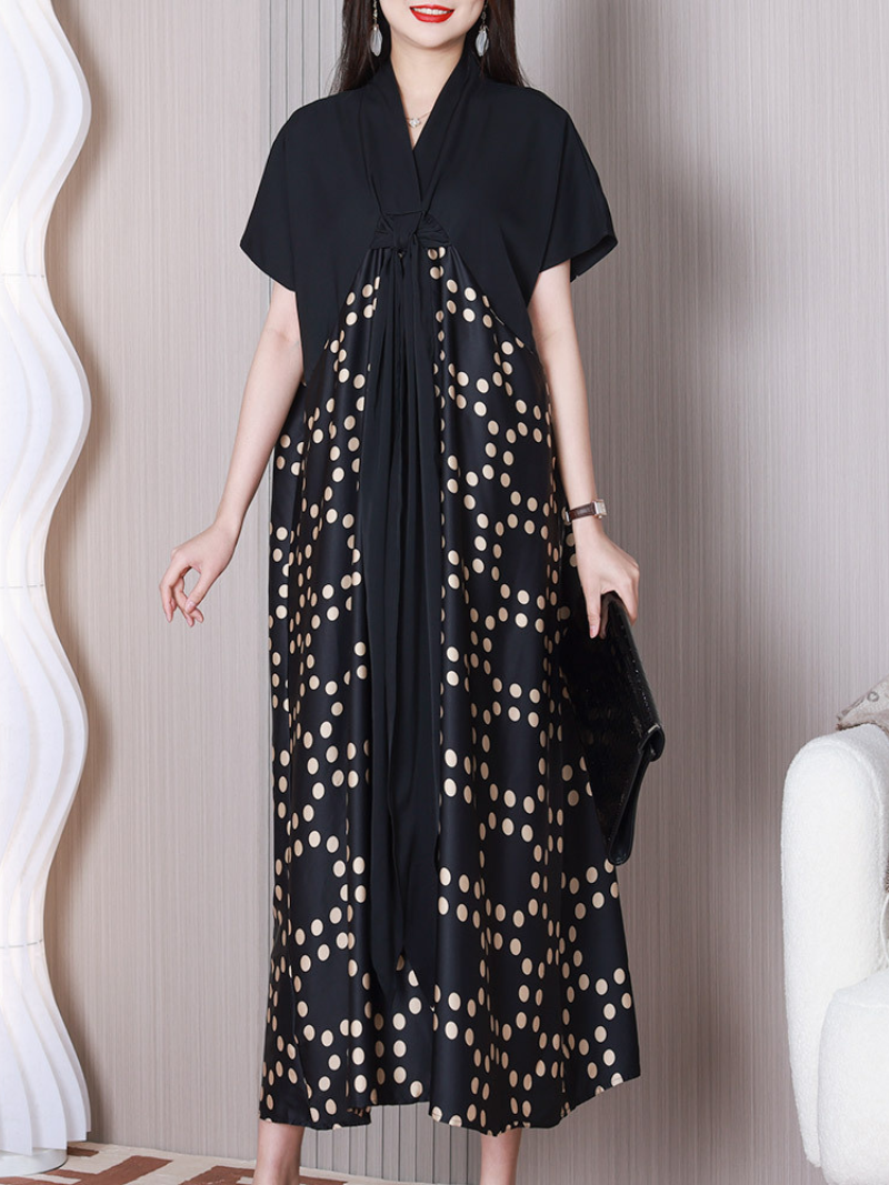 Black V-Neck Tie Front Short Sleeve Polka Dot Loose Maxi Dress 2
