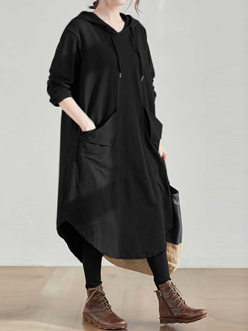 Hooded Drawstring Long Sleeve Pocket Loose Hoodie Dress 2