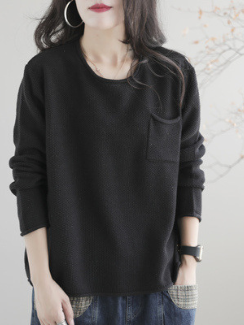 Round Neck Patch Pocket Long Sleeve Loose Knit Sweater