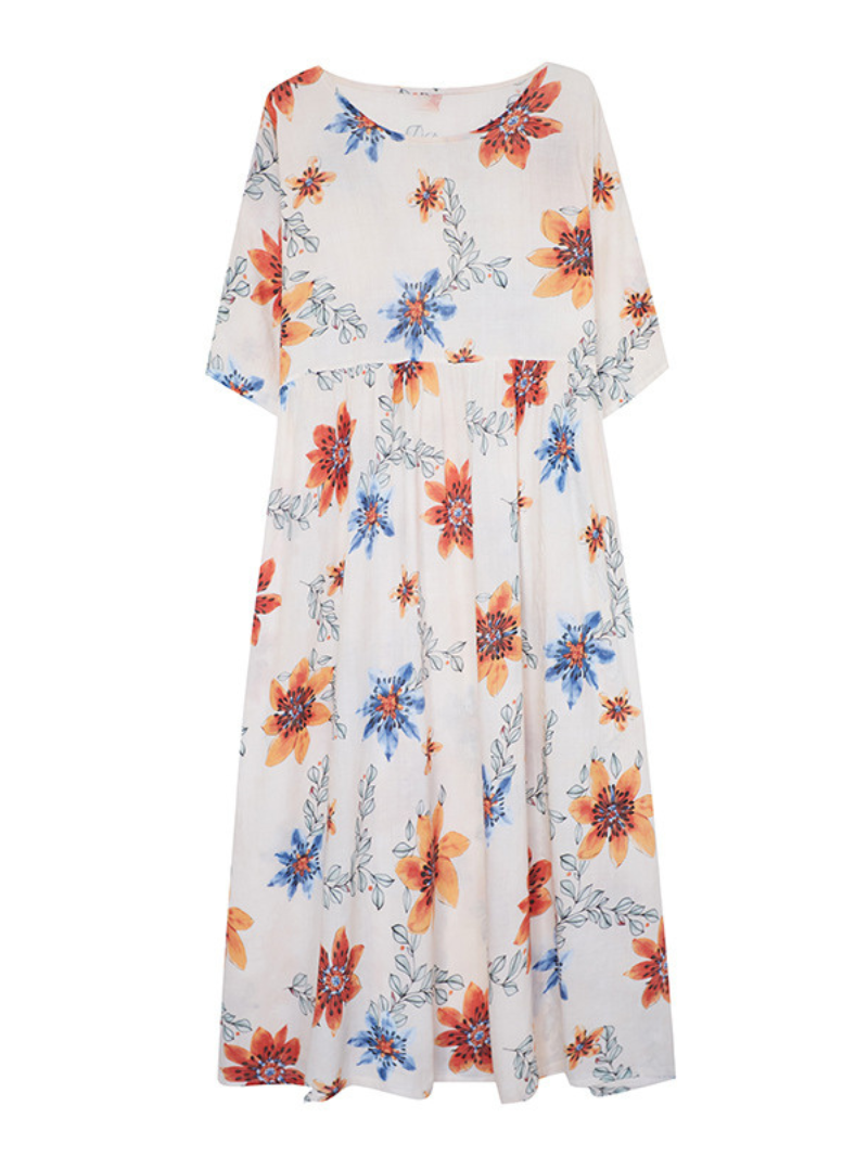 Multicolor Round Neck Floral Print Short Sleeve Loose Smock Maxi Dress 4
