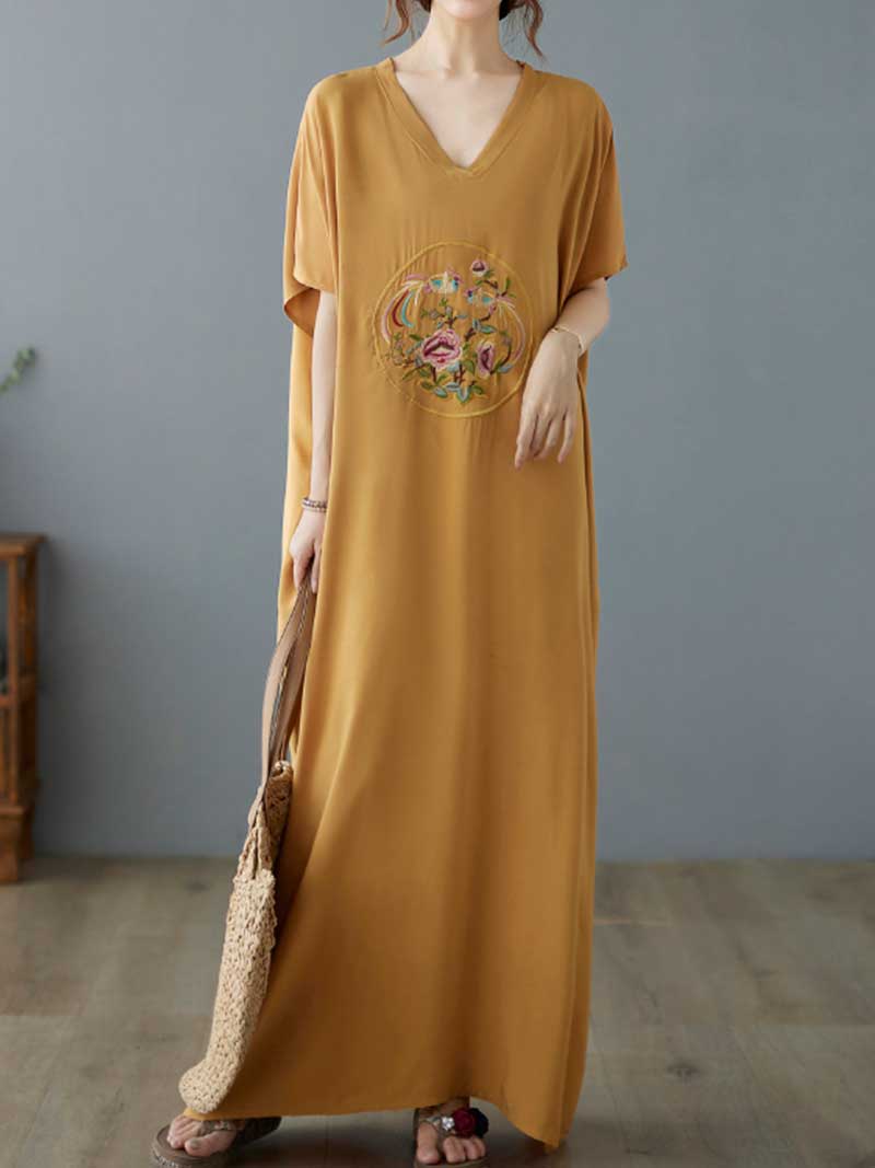 Yellow V-Neck Floral Embroidered Medallion Short Sleeve Loose Kaftan Maxi Dress