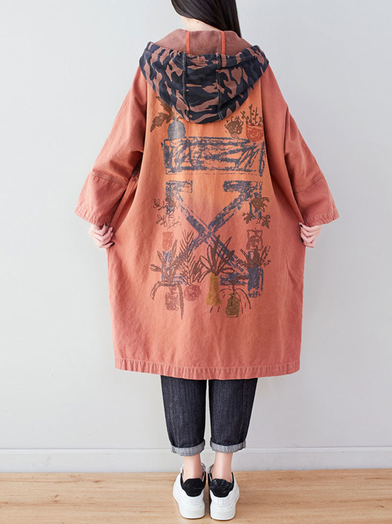 Hooded Graffiti Print Patch Pocket Long Denim Coat 6