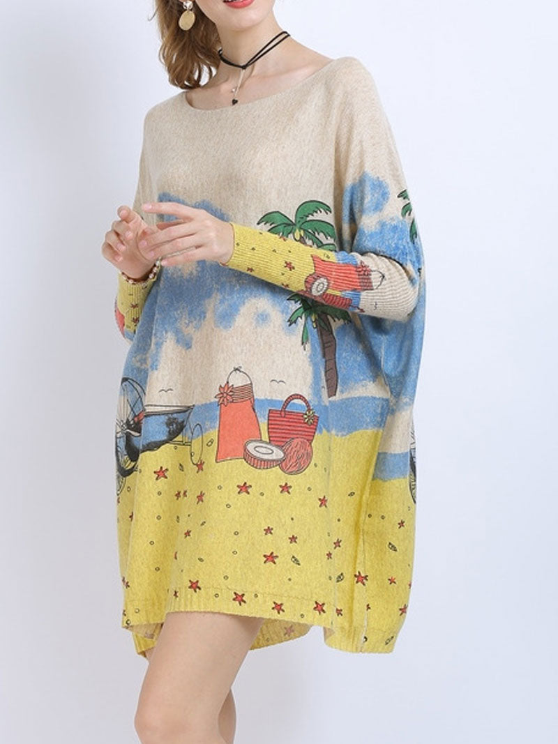 Boat Neck Long Sleeve Beach Scenic Print Oversized Knit Sweater 5