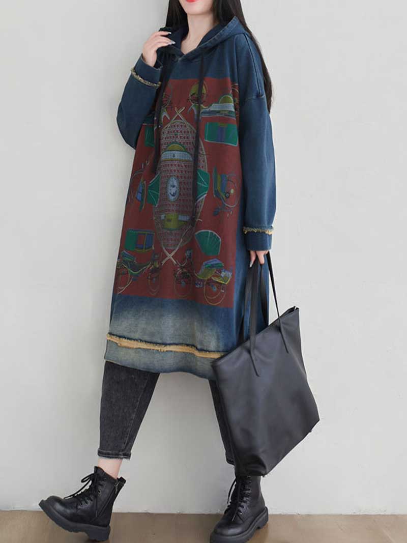 Hooded Graphic Print Frayed Hem Oversized Sweatshirt Midi Dress