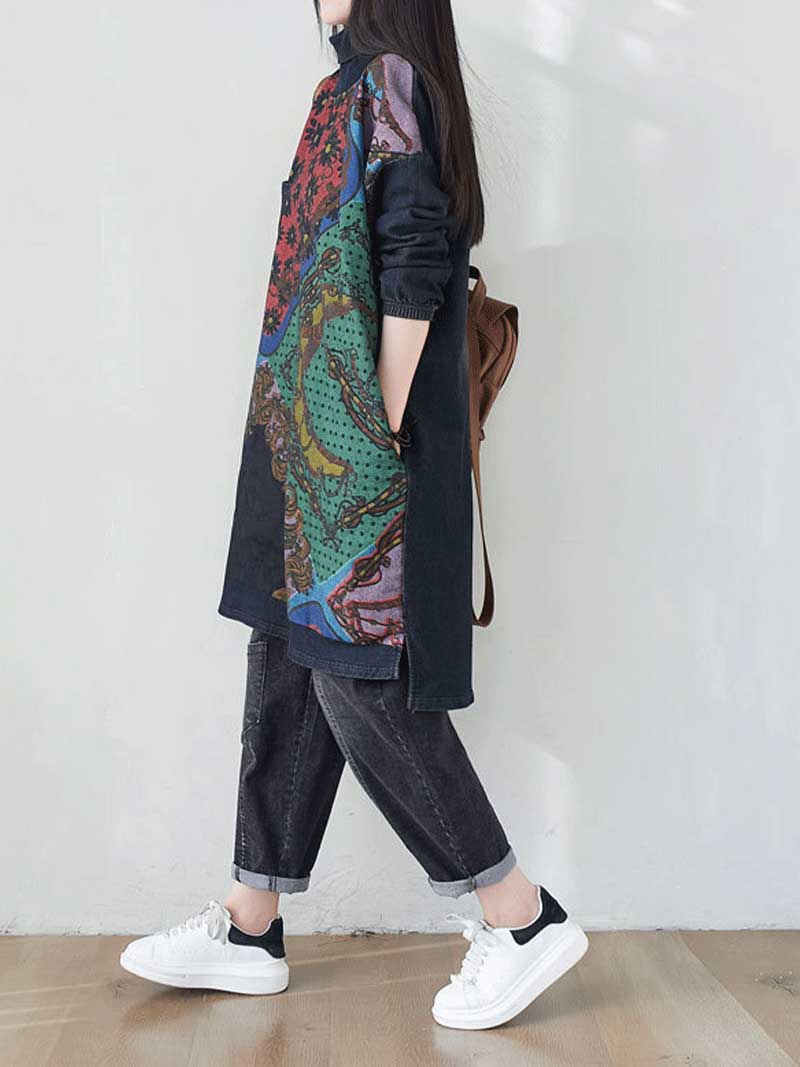 Round Neck Mixed Print Plaid Panel Long Sleeve Shift Midi Dress 13
