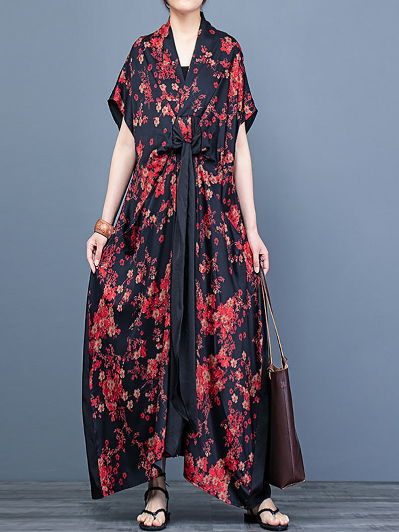 V-Neck Short Sleeve Floral Print Tie Front Loose Maxi Dress 8