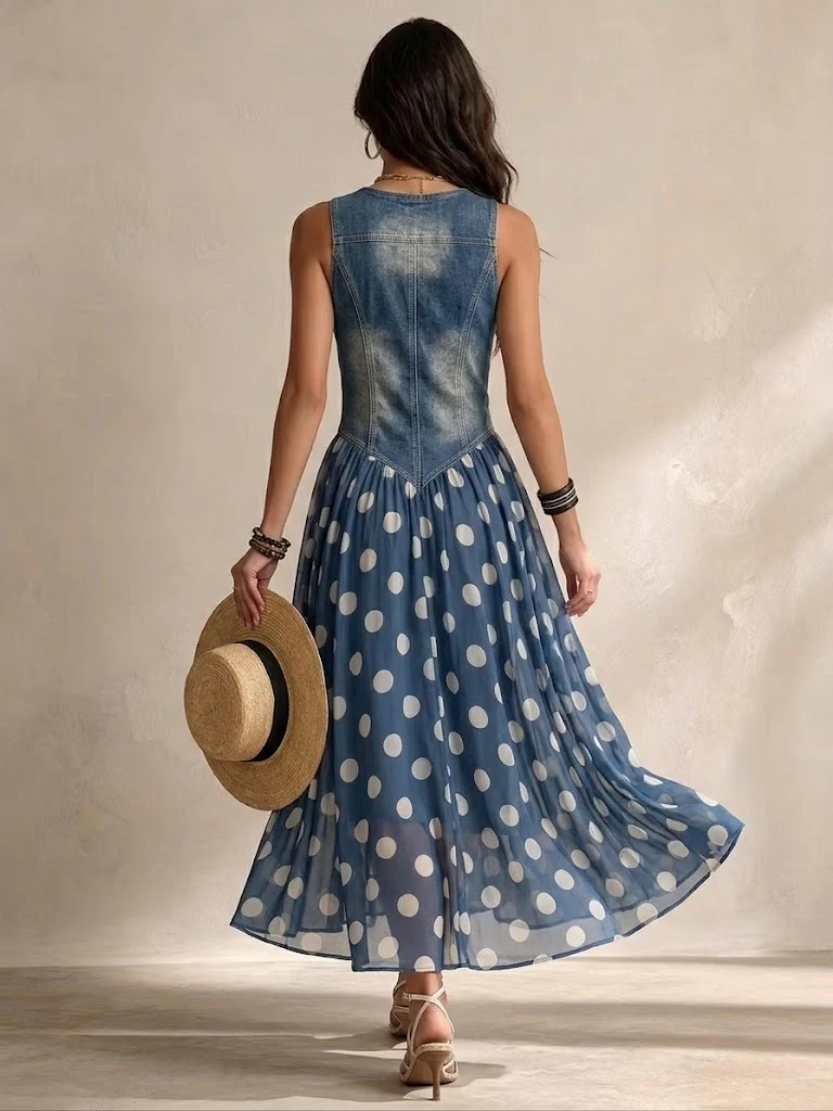 Blue V-Neck Denim Bodice Polka Dot Button-Front A-Line Maxi Dress 3