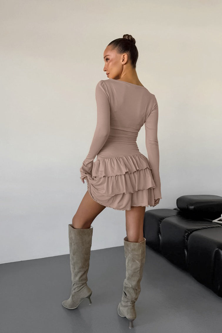 Ruffle Waist Round Neck Mini Dress