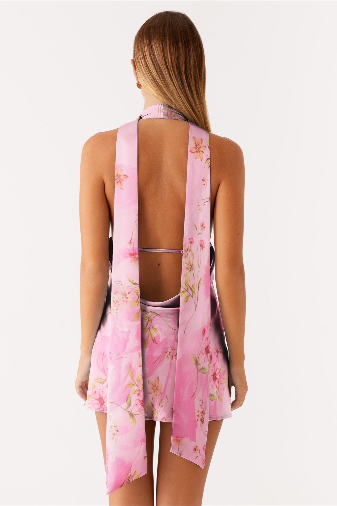 Halter Choker Deep V Neck Asymmetric Hem Watercolor Floral Print Mini Dress 10