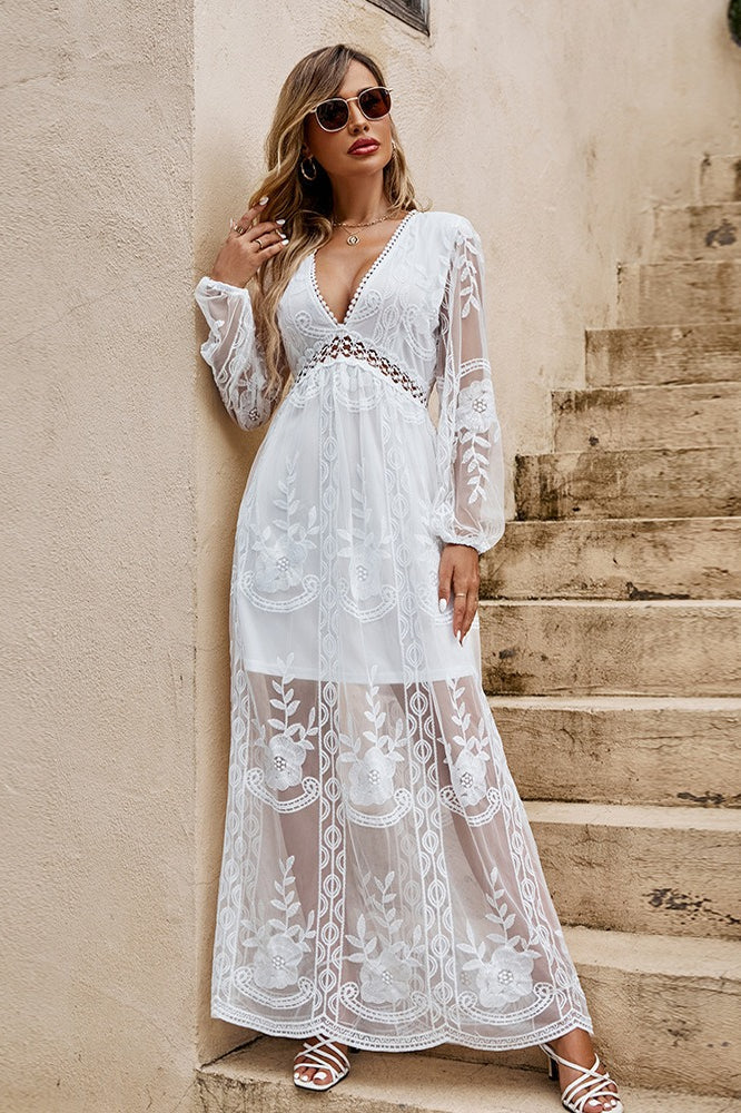 V Neck Long Sleeve Flowy Maxi Boho Dress