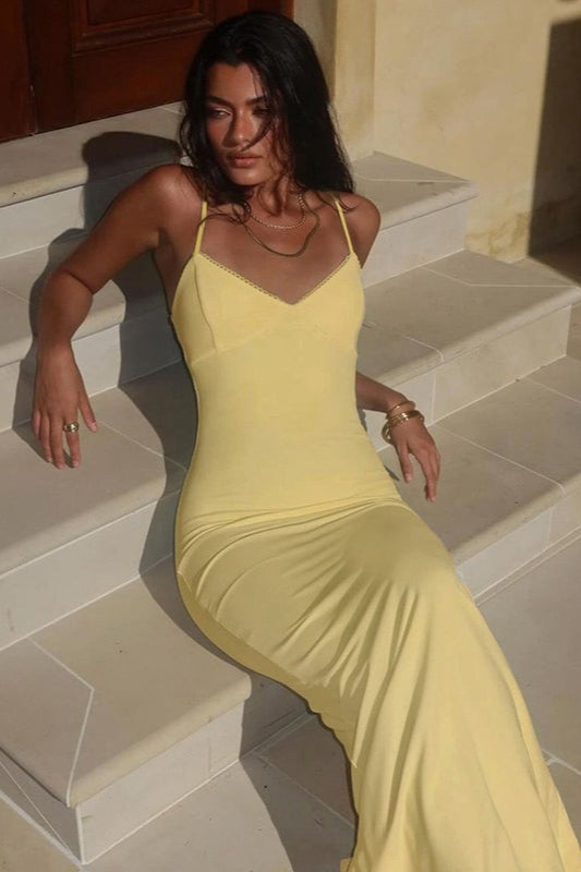 Yellow Spaghetti Strap Sweetheart Neck Scallop Trim Ruched Mermaid Maxi Dress 6