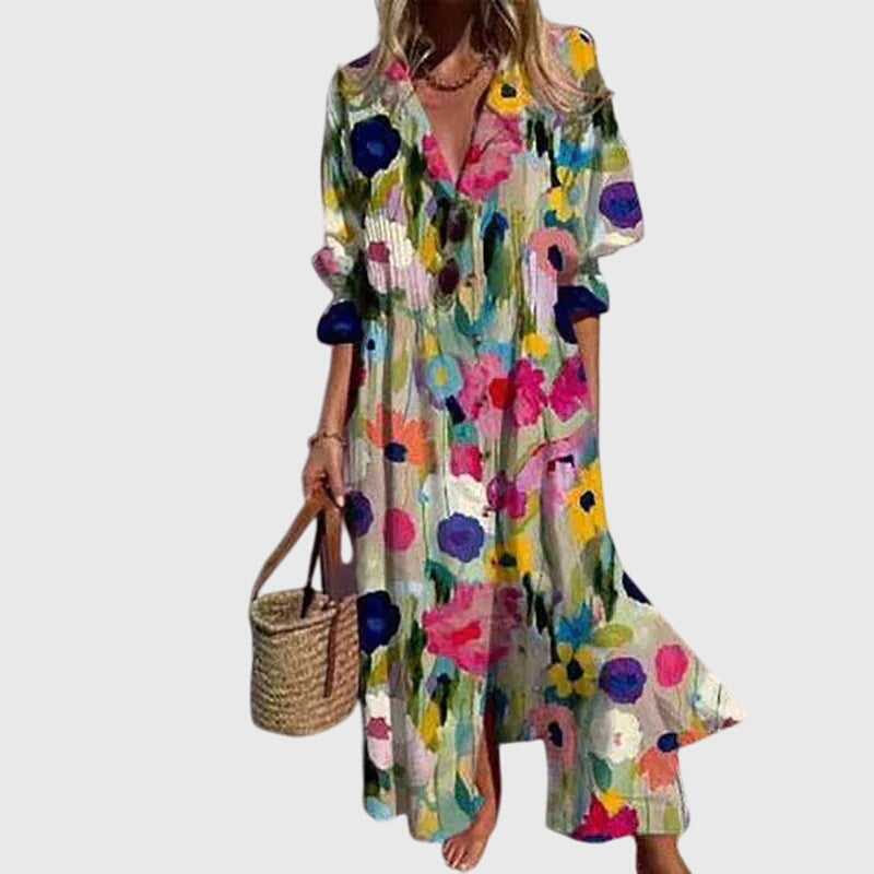 V-Neck Floral Print Long Sleeve Tiered Bohemian Maxi Dress
