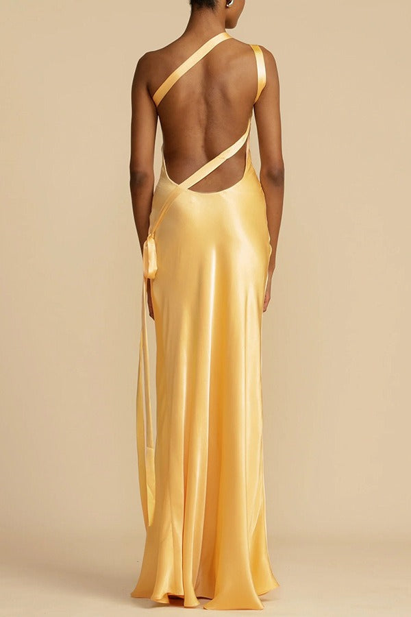 Asymmetrical Shoulder Slim Satin Party Dress