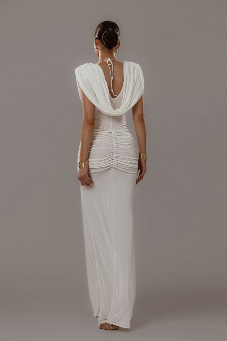 Solid Cowl Neck Ruched Waist Cinch Party Dress