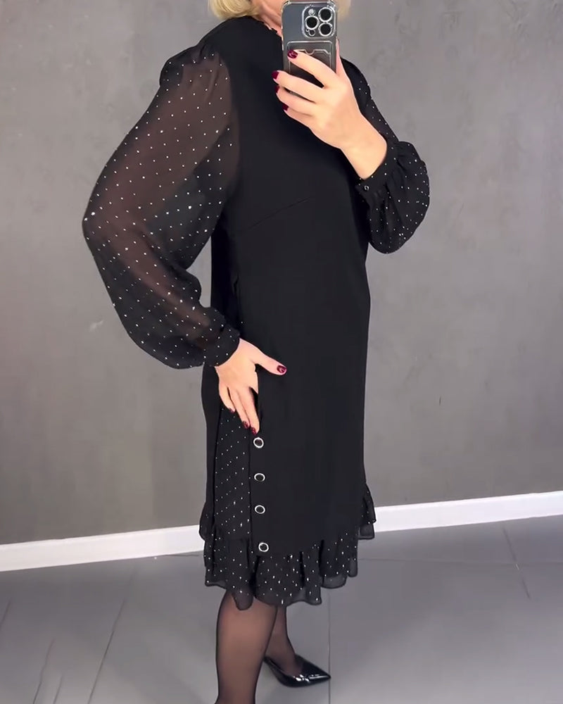 Round Neck Dot Mesh Sleeve Ruffle Hem Shift Midi Dress 5