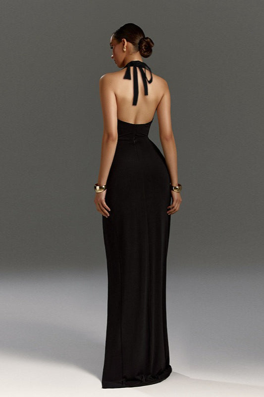 Halter Backless Tie HighSlit Ruched Formal Dress