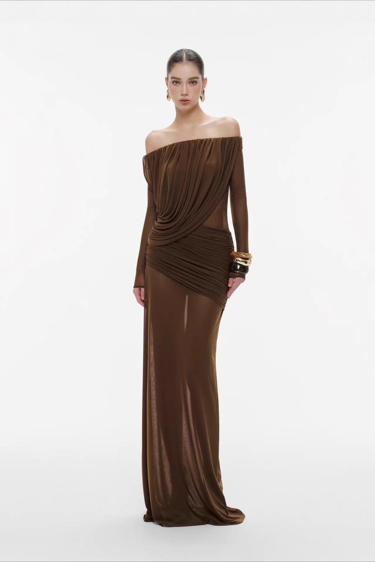 Mesh Off Shoulder Long Sleeve Slim Bodycon Dress