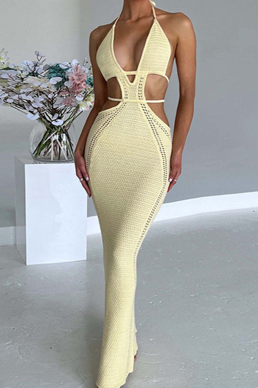 Plunging Halter Neck Crochet Waist Cut Out Open Knit Maxi Dress 8